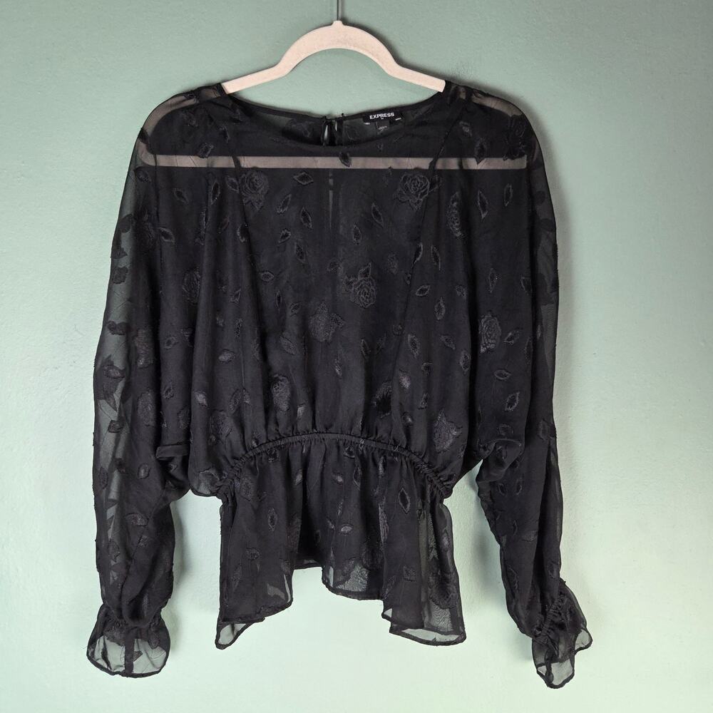 Express Outlet Womens Medium Black Jacquard Sheer Floral Rose Peplum Tie Top